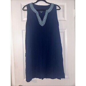 Lands' End Navy Sleeveless Swim Coverup Smock Dress Embroidered V-Neck Large